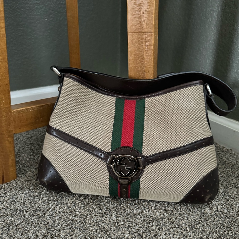 GUCCI Canvas Web GG Reins Hobo Brown